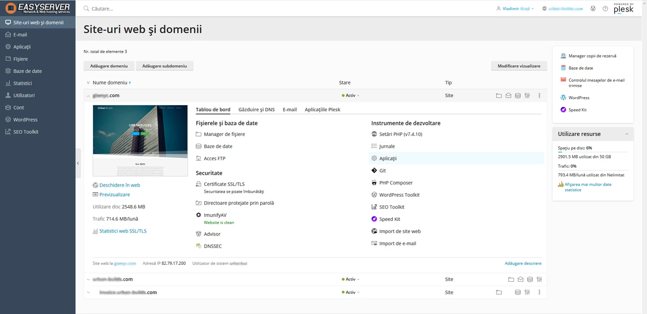 Panou de administrare hosting